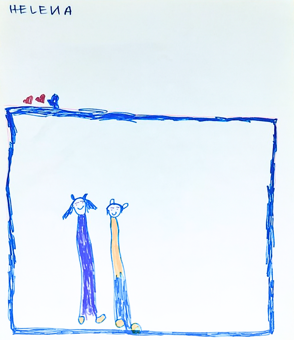 Helena desenhou o que mais gosta: o aconchego de brincar com a família, onde tudo vira descoberta. Mas, em seu sonho de criança, deseja que Heliópolis tenha um dia uma árvore gigante.